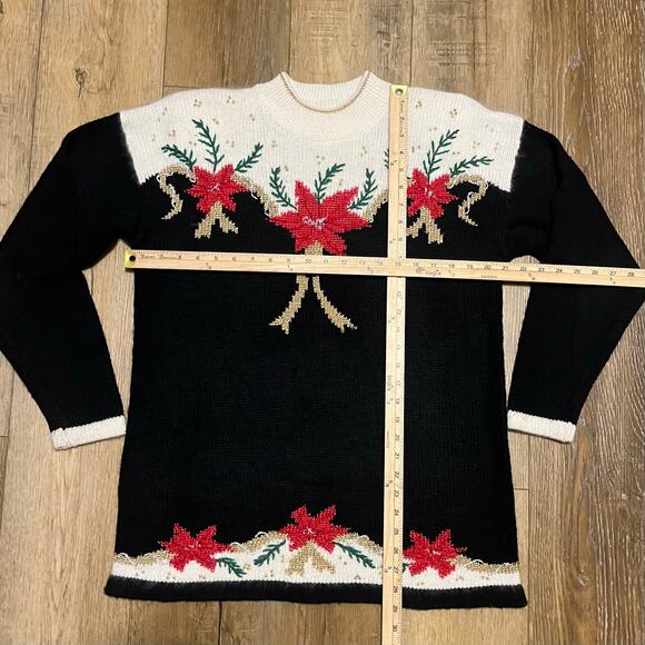VTG Dana Scott Wool Blend Holiday Christmas Poinsettia Sweater Black Gold Size L - Picture 6 of 6